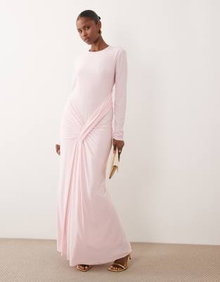 Daska stretch long sleeve tie waist maxi dress in baby pink