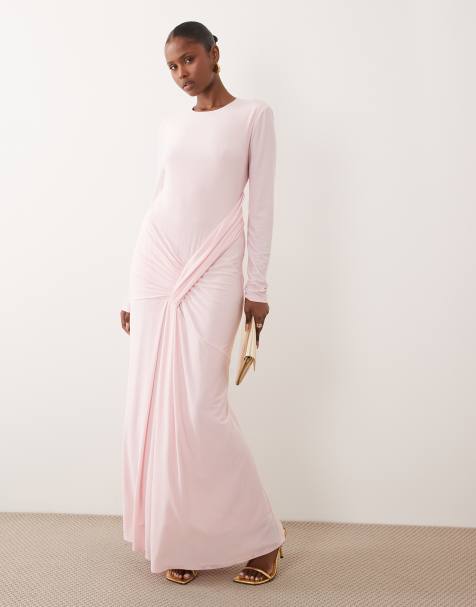 Daska stretch long sleeve tie waist maxi dress in baby pink  - view 1