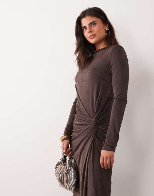 Daska Stretch-Maxikleid mit langen Ärmeln, Stehkragen und Knotendetail in Schokobraun, 2 von 4