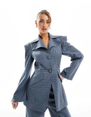 Daska tailored tweed blazer co-ord with bustier detail in blue check