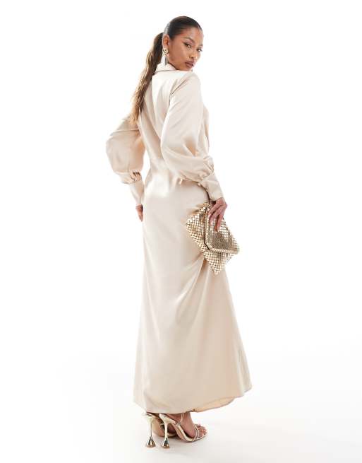 Daska - Taupe maxi-skjortekjole med snoet detalje i satin, 3 af 4