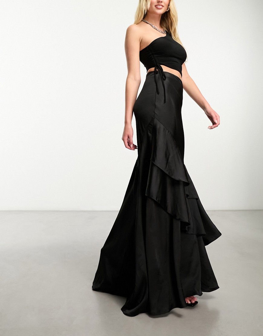tiered satin maxi skirt in black
