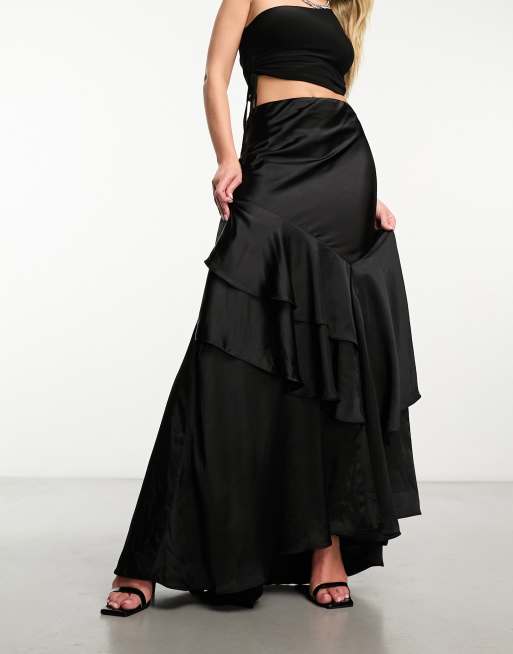 Daska tiered satin maxi skirt in black