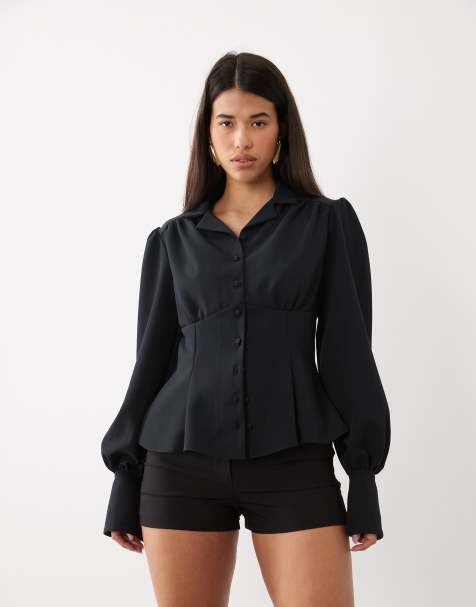 Daska v-neck collar cinched waist blouse with balloon sleeves in black - view 1