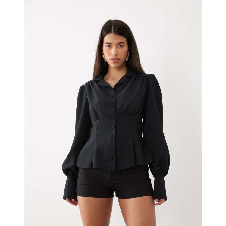 Daska v-neck collar cinched waist blouse with balloon sleeves in