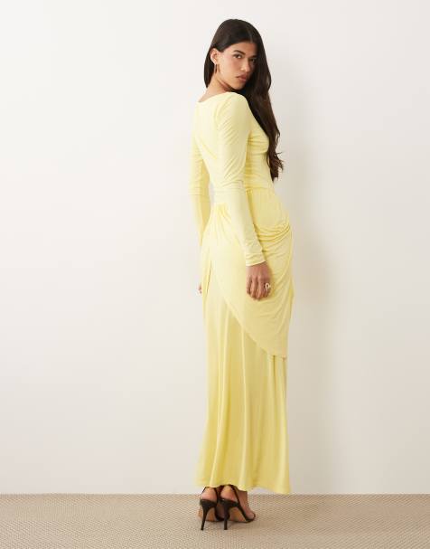 Daska - Vestido largo amarillo de manga larga con cuello barco y falda drapeada - view 1