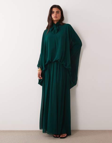 Daska vestido largo de gasa con cuello alto y estilo blusón en verde esmeralda - view 1
