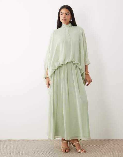 Daska - Vestido largo verde salvia estilo blusón con cuello alto de chifón - view 1