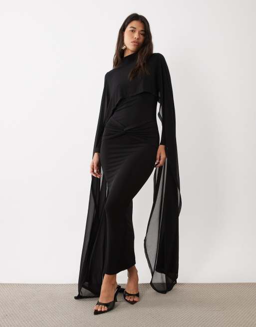 Daska vestito fasciante sagomato maxi in mesh con dettaglio mantella, nero, 1 di 4
