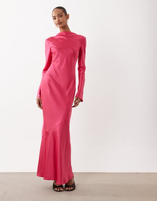 Daska - Vestito lungo a maniche lunghe in raso rosa con taglio sbieco e cuciture a vista