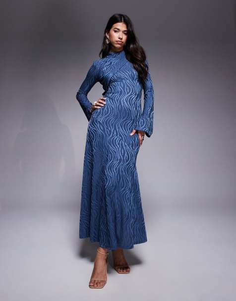 Daska - Vestito lungo accollato color denim - view 1