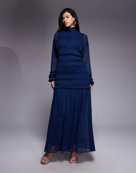 Daska - Vestito lungo accollato in chiffon blu navy con corpino arricciato - view 1