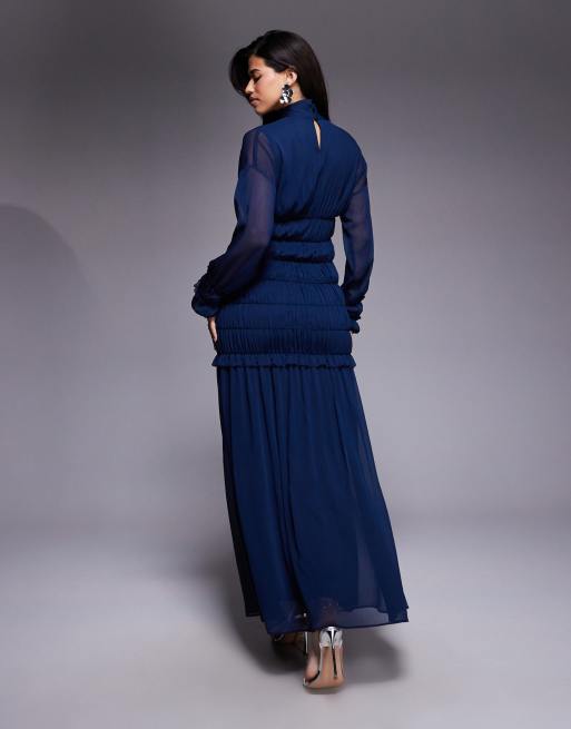Daska - Vestito lungo accollato in chiffon blu navy con corpino arricciato, 4 di 4
