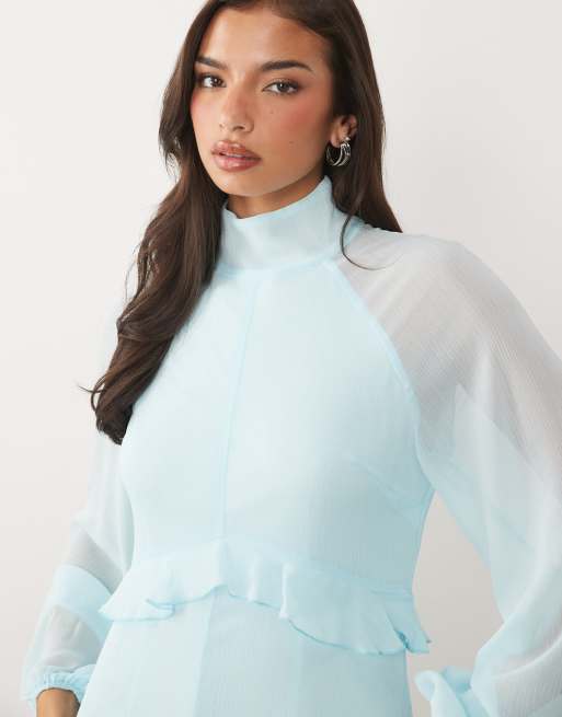 Daska - Vestito lungo accollato in chiffon blu tenue con volant a balze, 2 di 4