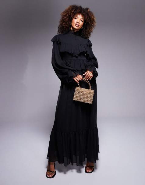 Daska - Vestito lungo accollato in chiffon nero con volant - view 1