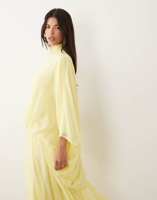 Daska - Vestito lungo accollato sblusato in chiffon color limone, 2 di 4