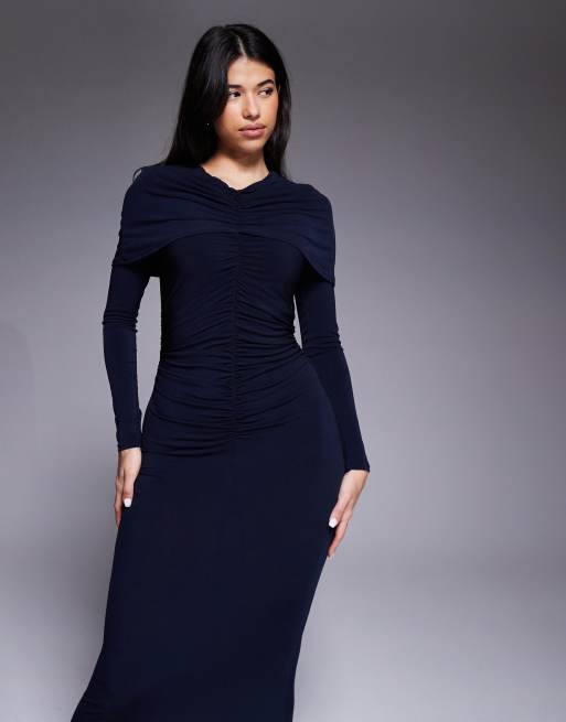 Daska - Vestito lungo aderente blu navy arricciato con mantella, 2 di 4