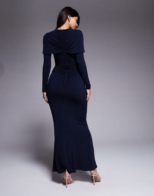 Daska - Vestito lungo aderente blu navy arricciato con mantella, 3 di 4
