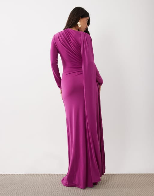 Daska vestito lungo con mantella monospalla viola, 3 di 4