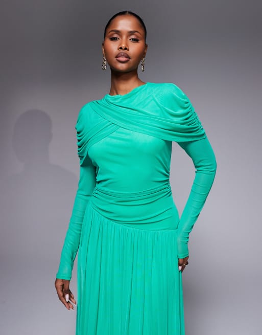Daska - Vestito lungo drappeggiato in rete color acqua con vita scesa, 3 di 4