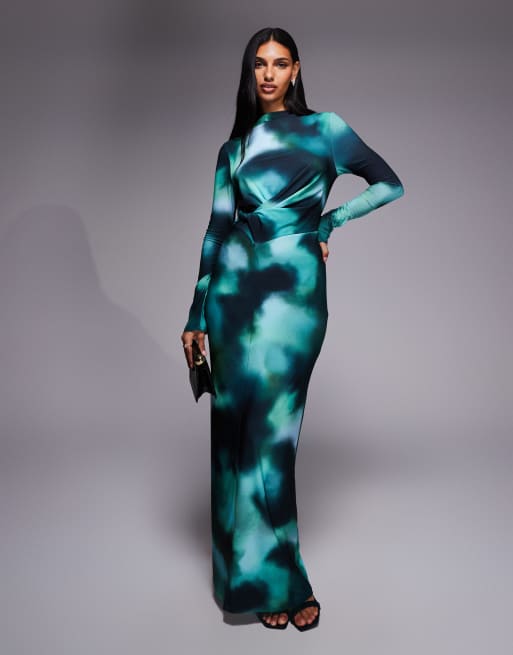 Daska - Vestito lungo drappeggiato verde-azzurro con stampa astratta e dettaglio attorcigliato