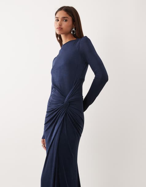 Daska - Vestito lungo elasticizzato a maniche lunghe accollato con dettaglio attorcigliato blu navy - view 1