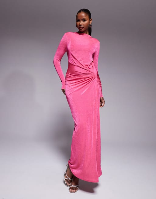 Daska - Vestito lungo elasticizzato a maniche lunghe accollato con dettaglio attorcigliato rosa