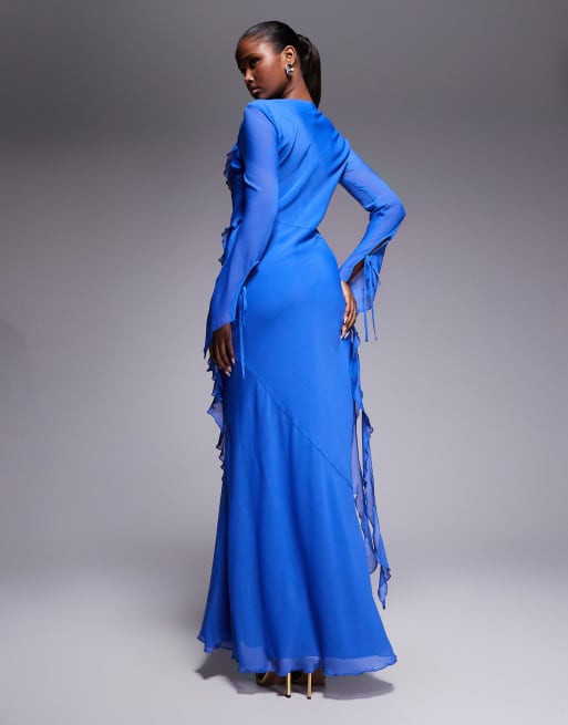 Daska - Vestito lungo in chiffon blu cobalto con scollo ad anello con volant , 3 di 4