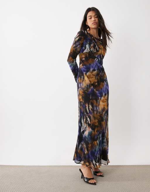 Daska vestito lungo in chiffon con dettaglio da annodare, taglio sbieco, maniche a campana e stampa astratta, 1 di 4