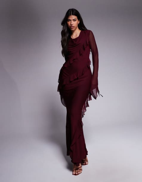 Daska - Vestito lungo in chiffon con volant bordeaux - view 1