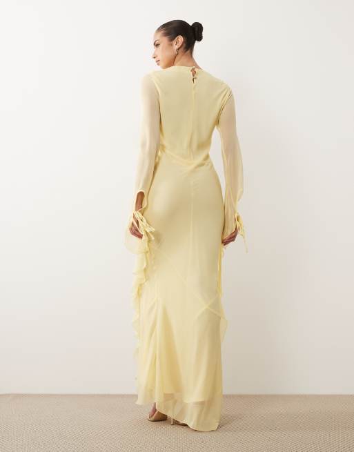 Daska - Vestito lungo in chiffon giallo limone con scollo ad anello con volant, 3 di 4
