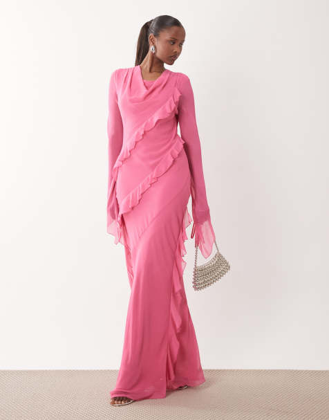 Daska - Vestito lungo in chiffon rosa con scollo ad anello con volant - view 1