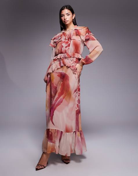 Daska - Vestito lungo in chiffon rosa con stampa astratta e volant a mantella - view 1