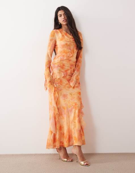 Daska - Vestito lungo in chiffon rosa e arancione a fiori con scollo ad anello e volant - view 1