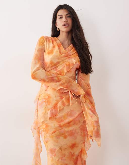 Daska - Vestito lungo in chiffon rosa e arancione a fiori con scollo ad anello e volant, 2 di 4