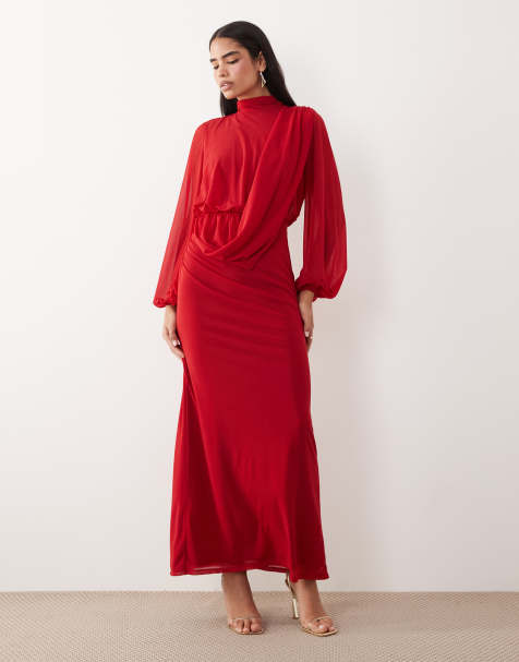 Daska - Vestito lungo in chiffon rosso con corpino drappeggiato - view 1