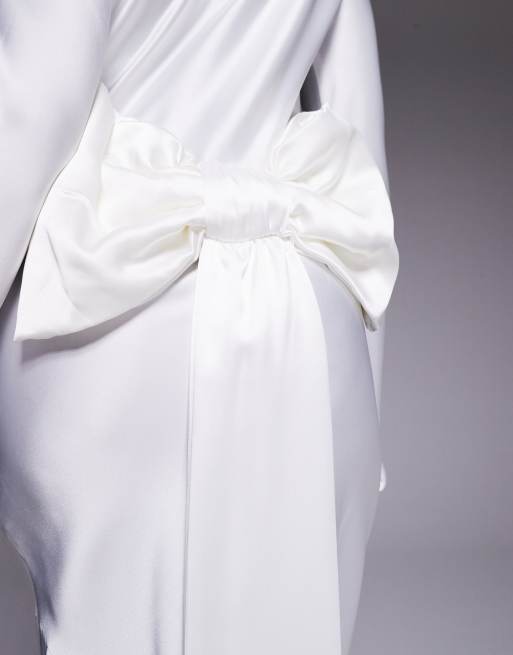 Daska - Vestito lungo in raso avorio con fiocco oversize sul retro, 3 di 4
