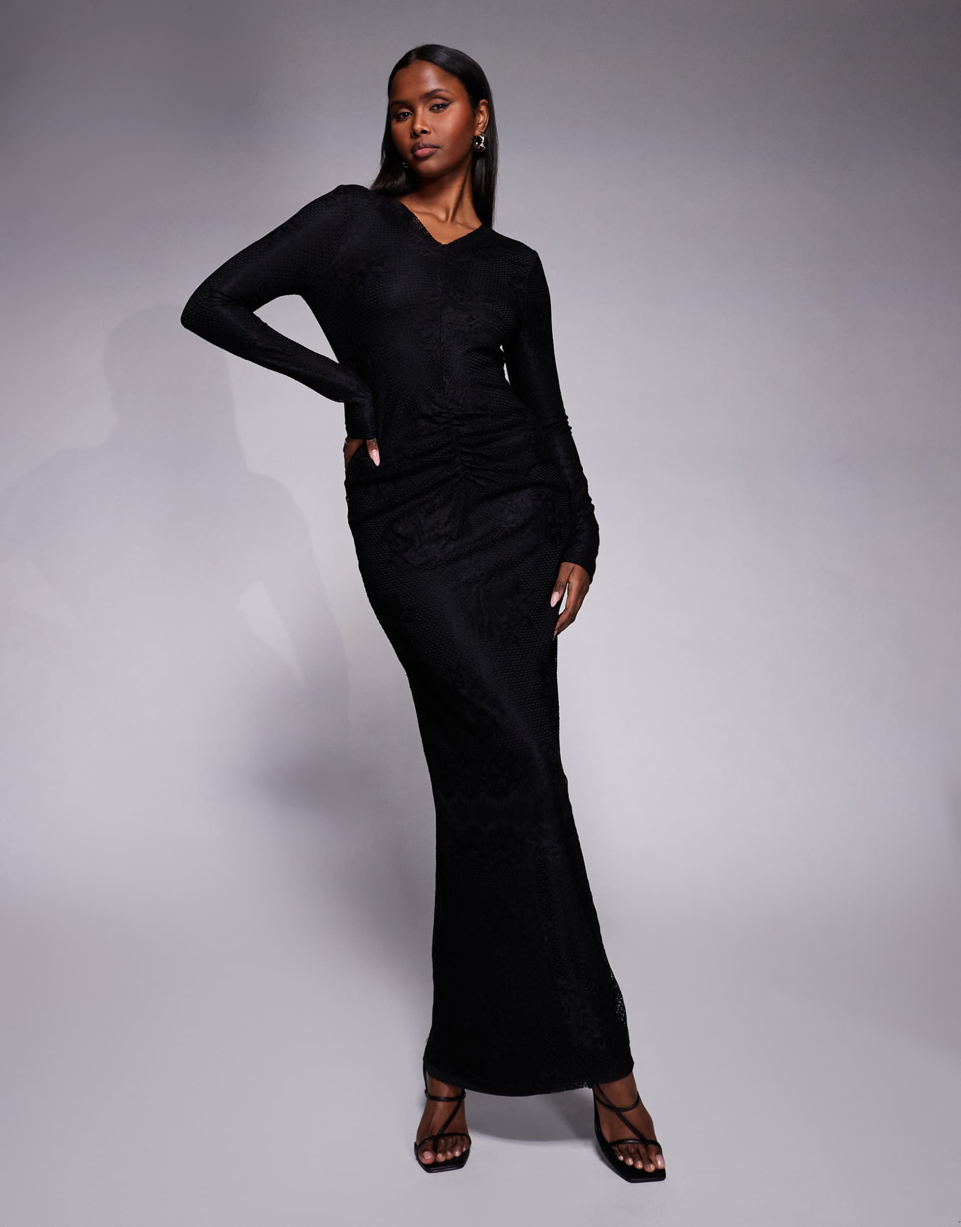 daska x asos black collection lace maxi dress with gathered waist in black