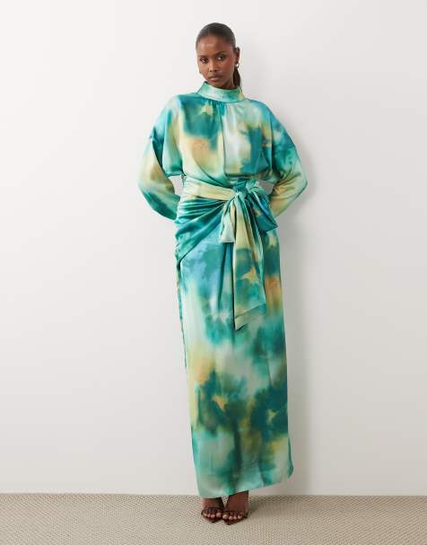 Daska satin high neck long sleeve knot detail maxi dress green blur print
