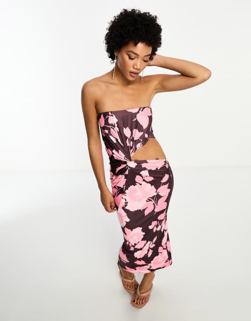 Day 6 bandeau twist detail cut out midi dress in rose print