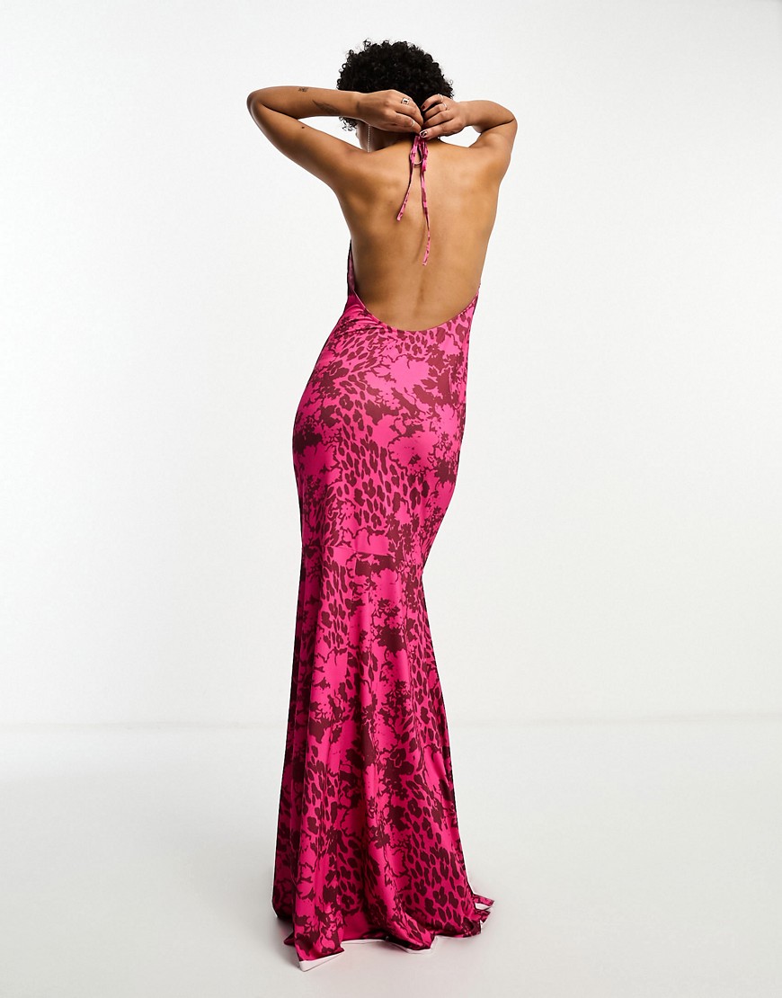 Day 6 cowl neck low back maxi dress in pink animal print-Multi