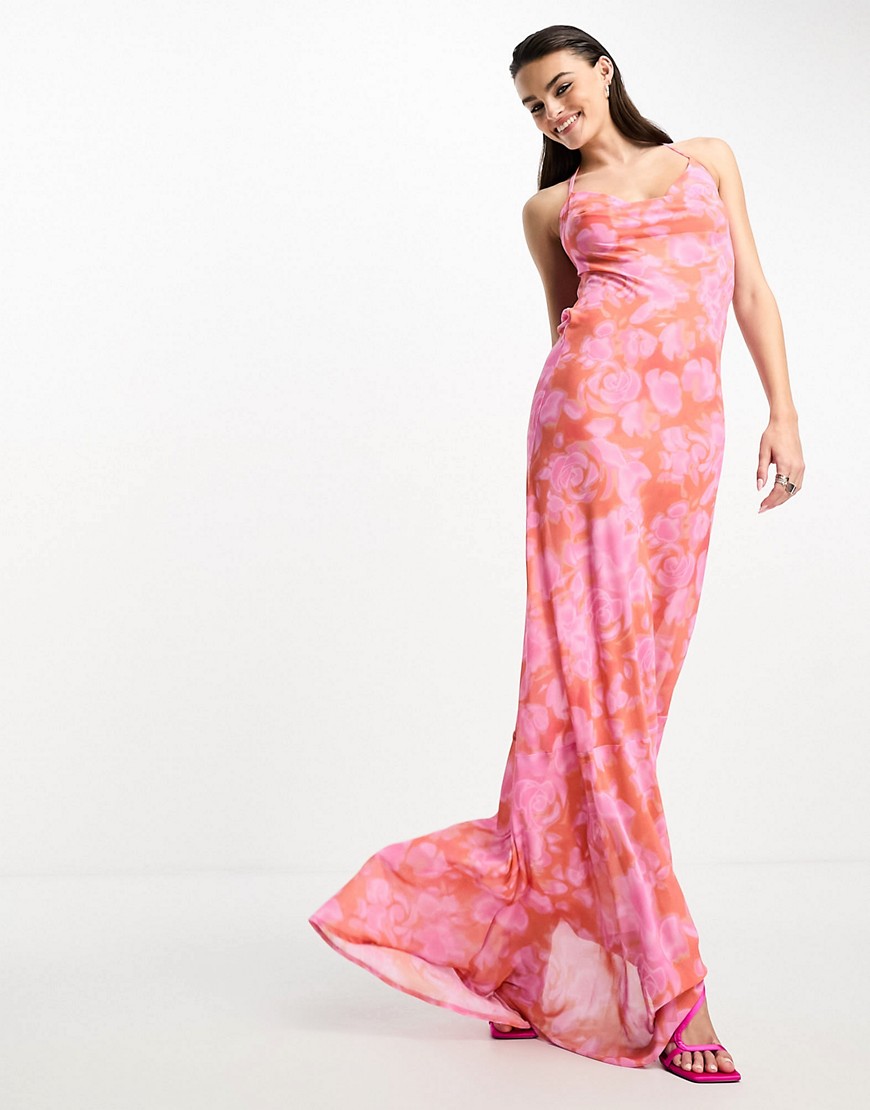 Day 6 cowl neck tie back puddle maxi dress in blurred pink floral-Multi