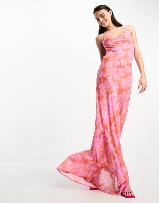 Day 6 cowl neck tie back puddle maxi dress in blurred pink floral | ASOS