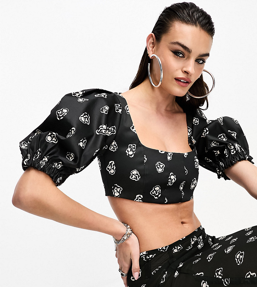 Day 6 exclusive puff sleeve square neck crop top co-ord in black ditsy print-Multi