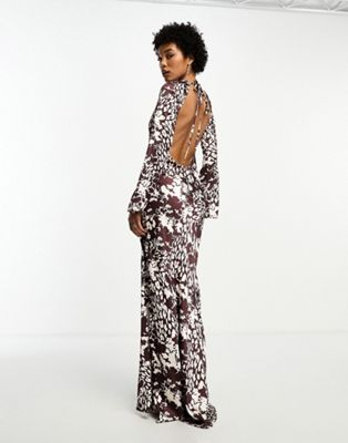 Day 6 flared sleeve low back maxi dress in chocolate animal print - ASOS Price Checker