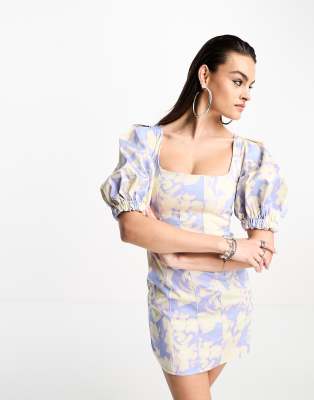DAY 6 Day 6 puff sleeve square neck structured mini dress in blurred lilac floral-Multi