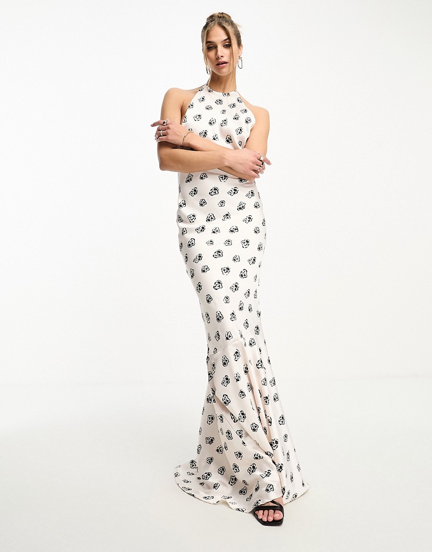 Day 6 satin high neck puddle maxi dress with low back in cream ditsy print-Multi