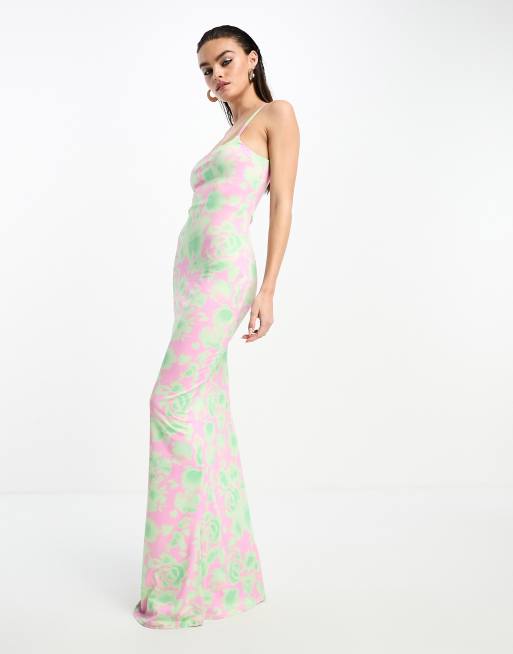 Day 6 square neck bodycon maxi dress in blurred pink and lime floral, 3 of 4