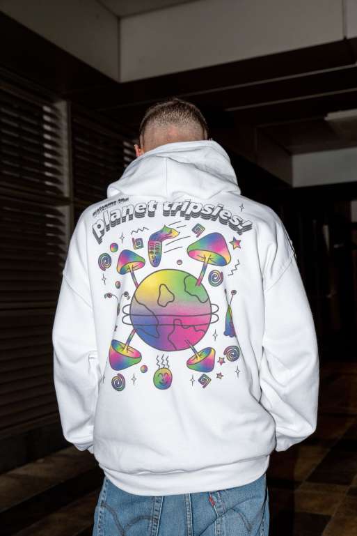 DBDNS heavyweight hoodie in white with planet tripsies print