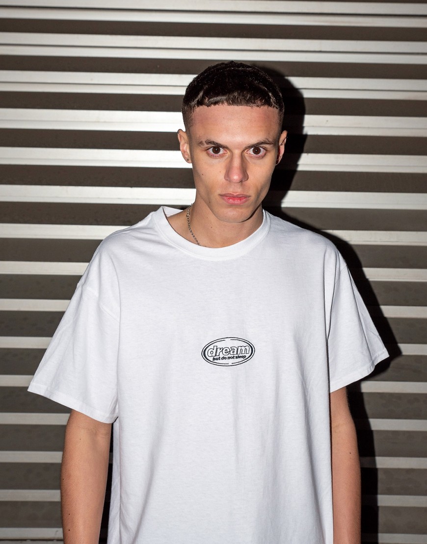 DBDNS short sleeved t-shirt in white with oval logo embroidery